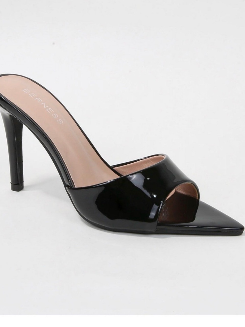 BERNESS Black Patent Pointed Peep-Toe Mule